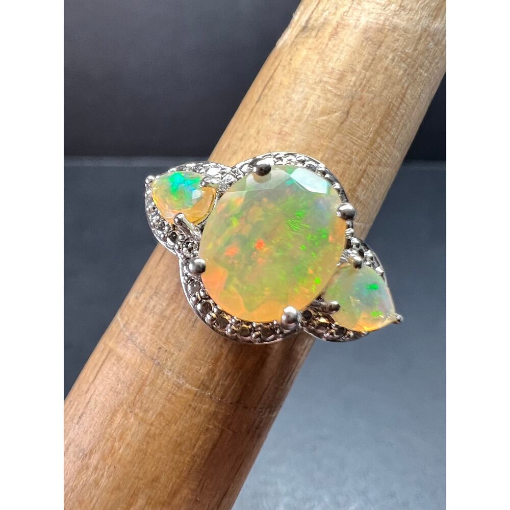 Ethiopian Opal Sterling Silver Halo Ring Size 6